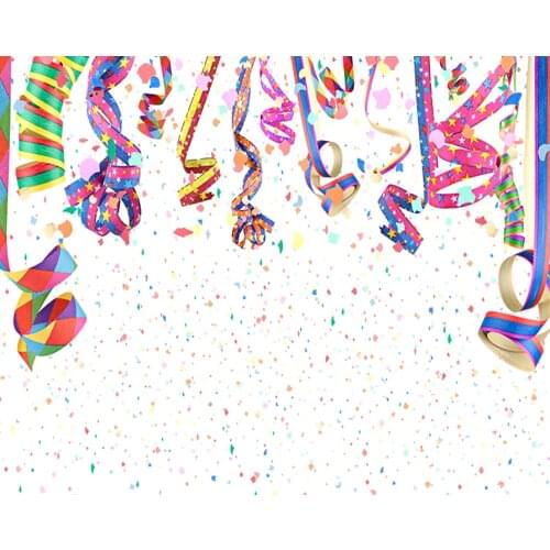 VinylBDS Custom Made Happy Birthday Theme Background Photo Backdrop White Background Colorful Fireworks Colored Ribbon Backdrop