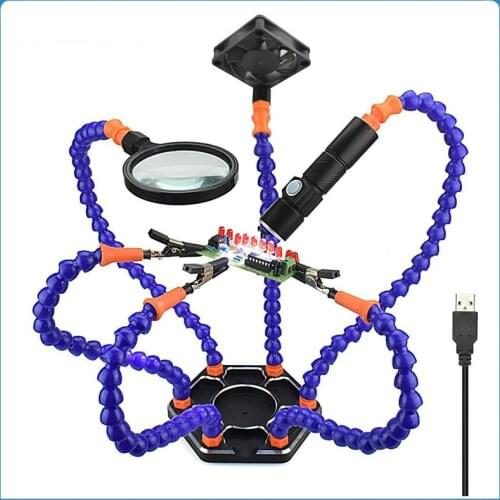 Multifunctional Universal Welding Table Fixture Soldeirng PCB Holder Circuit Board Repair Fixing Frame Magnifier LED Fans 6pcs