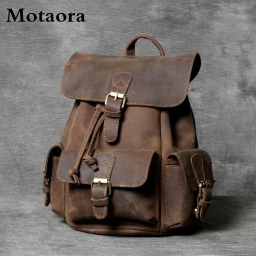 MOTAORA Womens Backpack Crazy Horse Cowhide Bags For Women Handmade Genuine Leather Backpacks For 11" IPAD Pro Retro Casual Bag