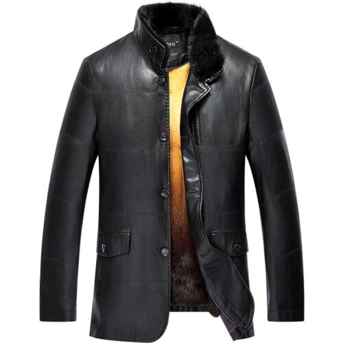 2018 Warm Fur Leather Men Coats -40 Degree Russia Warm mink Fur Collar Fashion Brand Slim Motorcycle Coats