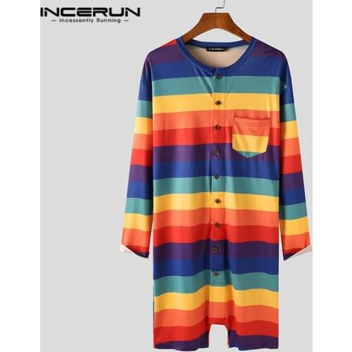 2021 Men Pajamas Romper Homewear Striped Long Sleeve Button Fitness Cozy Leisure Jumpsuits Sleepwear Mens Overalls INCERUN S-5XL