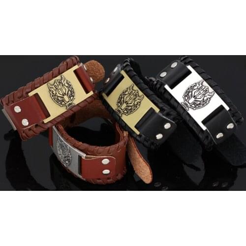 Nodic viking odin wolf leather amulet bracelet -adjustable size 19-31 cm