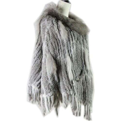 Zero Fish Real Knitted rabbit with raccoon Fur Shawl poncho stole shrug cape robe tippet wrap womens winter warm coat/outwear