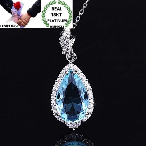 OMHXZJ Wholesale European Fashion Woman Girl Party Birthday Gift Water Drop Topaz Zircon 18KT White Gold Pendant Necklace NA262