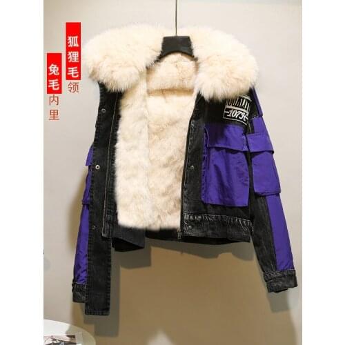 Autumn winter fur coat bf style chic parka jacket female 2021 new rabbit fur liner furry collar spliced denim patchwork jean top