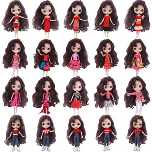 Red Skirt Sweather Trousers Dress Long Jeans Bow Outgoing Suit For Blyth Doll 11.8 Inch Barbies Doll Clothes Girls Fashion Toy