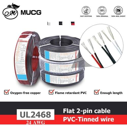 UL2468 Flat ribbon 2 pin cable red balck white fio de led copper wire 12v light Wiring Wires 22 24 26 awg 26awg 24awg 22awg awge