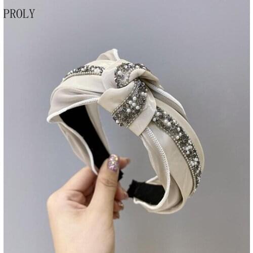 PROLY New Fashion Rhinestone Headband For Women Wide Side Hairband Adult Solid Lace Summer Autumn Hair Accessories Wholesale