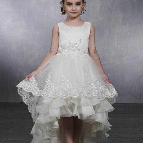 Luxurious Flower Girl Dress Beading Tulle Lace Appliques Cascading Lace Up Sleeveless Birthday Pageant Holy Communion Dresses