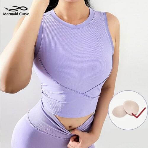 Mermaid Curve Ribbed Fabric Quick-Drying Running Sports Vest Womens Yoga Top Sleeveless Tight Fitness Vest With Chest Pad