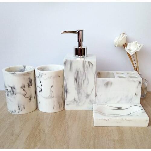 Nordic Marble Resin Bathroom Five-piece Brush Cup Holder Press Bottle Soap Tray Householdwash Set Upscale Bathroomhotel Supplies