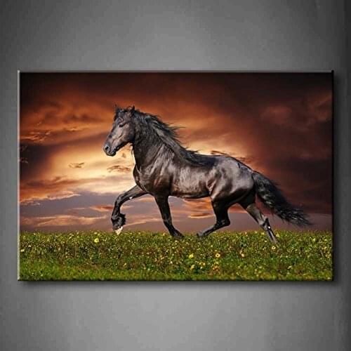 Modern Canvas Black Friesian Running Horse Trot On The Field On Sunset Grass And Flower Wall Art Painting Drop shipping