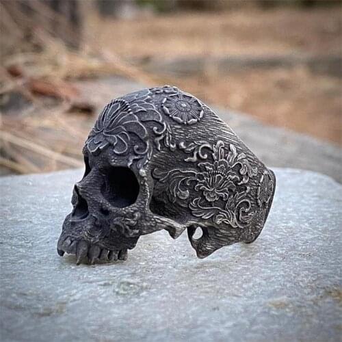 Unique Mens Flower Pattern Sugar Skull Ring Gothic Punk 316L Stainless Steel Rings for Men Hiphop Rock Biker Jewelry Gifts