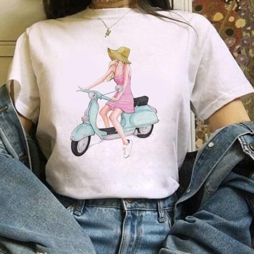 Bicycle Printed Women T Shirt Aesthetic Tshirts Short Sleeve Casual White Top Tee Female Harajuku T-Shirts Camisas T-shirt