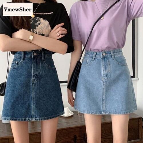 VmewSher New Spring Summer Casual Women Denim Skirt Short Mini Basic a Line High Waist Lady Elegant Solid Candy Color Jean Skirt