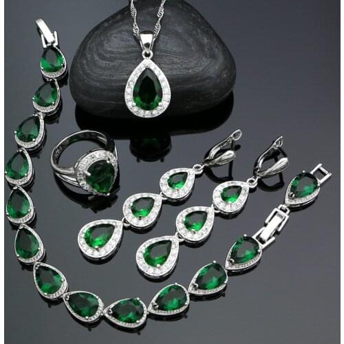 Water Drop Shape 925 Sterling Silver Jewelry Sets For Women Green Cubic Zirconia Ring Bracelet Pendant Necklace Long Earrings