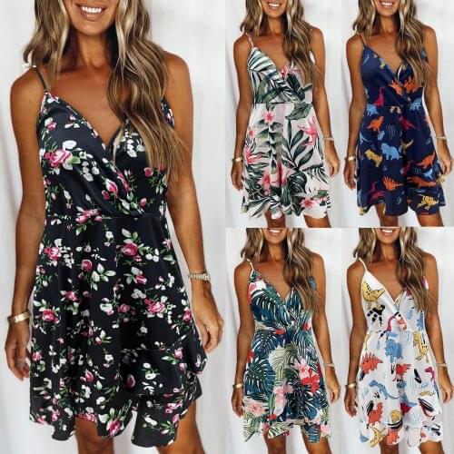 Bohemian Mini Dress Women Summer Vintage V-neck Strap Printing Dresses For Women With Pockets Sundress Boho Dress Vestidos