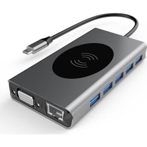 Type-C to HDMI-compatible VGA PD 3.5mm Audio Jack RJ45 Hub Wireless Charging Dock Adapter