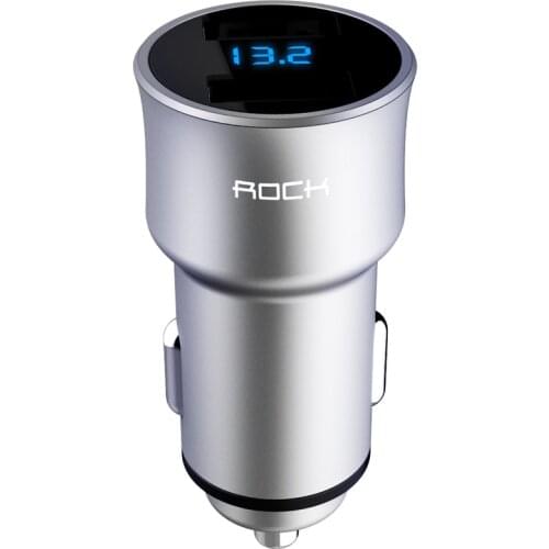 ROCK H2 Dual USB Car Charger w/ Digital LED Display 5V/3.4A Aluminium Alloy Fast Charging Voltage Monitoring for iPhone Samsung
