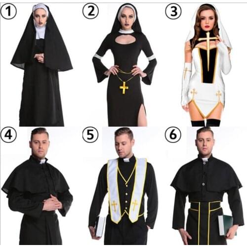 6 style Black Women Nun Virgin Mary Costume Long Dress Christian Clergyman Priest Costumes for Men Adult Fancy Cosplay Clothing