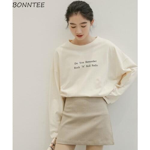 T-shirts Women Long Sleeve O-Neck All-match Letter Korean Style Leisure Womens Clothes Elegant Spring Students Loose Chic Daily