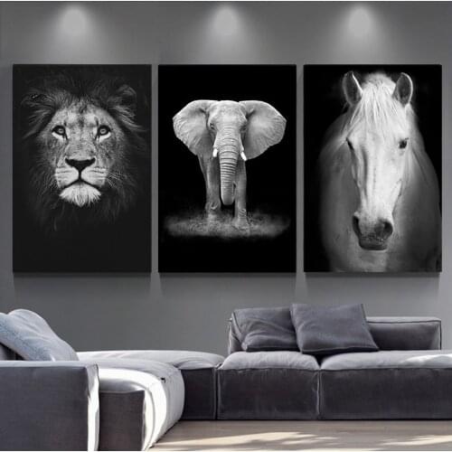 Nordic Style Animal Lion Elephant Deer Zebra Canvas Painting Posters and Black White Prints Wall Pictures for Living Room Decor