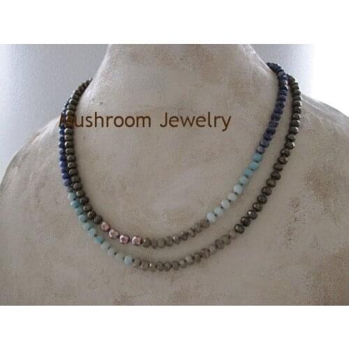 Knknot natural blue lapis stone necklace long Amazonite boho layered necklace Pyrite Stone Necklace