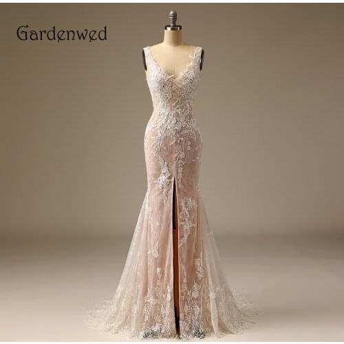V Neck High Slit Lace Wedding Dress Sexy Sleeveless Mermaid Bride Dress Luxury Appliques Fish Tail Bride Gown Low Back