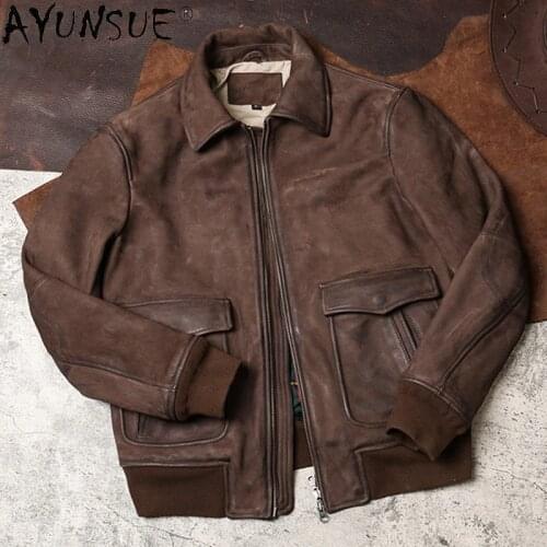 AYUNSUE Mens Genuine Leather Jacket Men Vintage Cowhide Goatskin Leather Coat Autumn Winter Bomber Flight Jacket Plus Size KJ