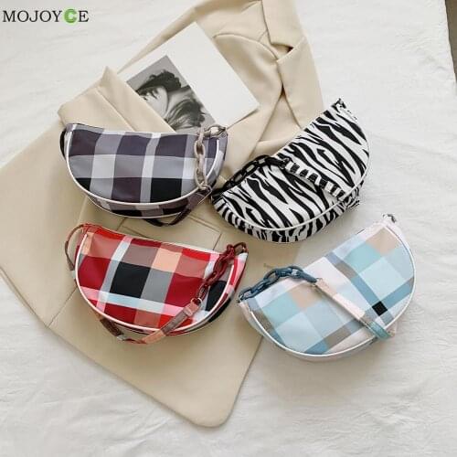 Fashion Women Chain Design Hand Bag Female Travel Canvas Plaid Zebra Pattern Print Small Saddle Handbag Underarm Bag