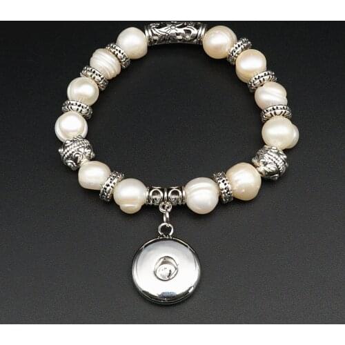 Fashion Charming Silverbeads Natural freshwater pearls snap bracelet elastic fit 18MM snap buttons jewelry wholesale AB0039