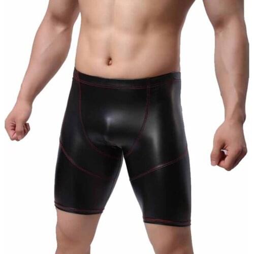 Mens Sexy Panties Patent Leather Sexy Faux Leather Fitness 5-point Pants Alternative Performance PU Leather Pants Black XXL