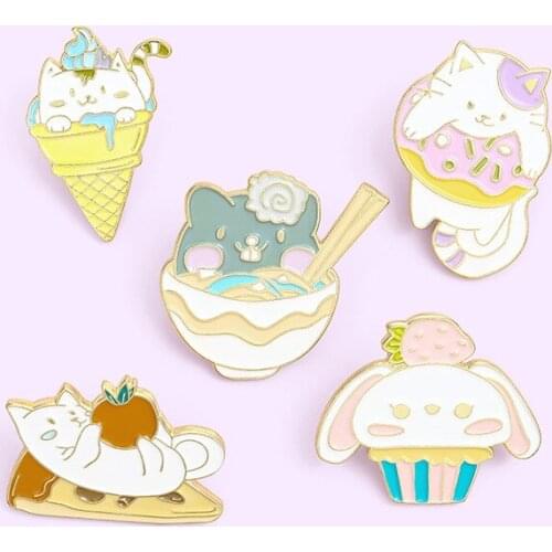 New Cat Food Enamel Pin Pizza Ice Cream Ramen Donuts Cupcake Brooches Bag Lapel Pin Cartoon Badge Jewelry Gift Friends