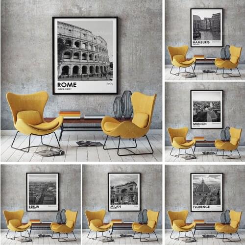 Travel posters, city posters, Berlin, Munich and Hamburg, Germany, Florence, Rome and Milan, Italy city travel black and white a