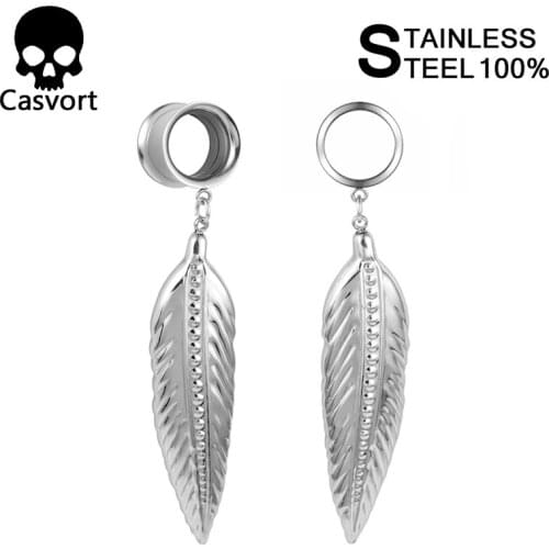 Casvort Ear Piercing Feather shape Plug Expander Tunnel Plug Dangle Studs Saddle Ear Gauges Stretchers Body Piercing Jewelry