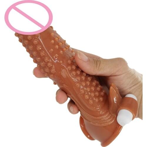 Brown Vibrating Penis Sleeve Realistic Condoms Reusable Delay Enlargement Dildo Extender Enhancer Vibrator Sex Toys For Men