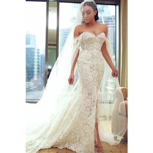 Luxury Handmade Pearls Off The Shoulder Chapel Wedding Dress With Wrap Lace Beads Garden Side Split Fitted Country Bridal Gown