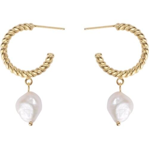 Mothers' Gift 18K Gold Authentic 925 Sterling silver Braid Roped circle &Freshwater baroque Pearl Stud earrings jEWELRY TLE2159