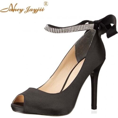 Women Shoes Lady Pumps Black Solid Satin Crystal Butterfly-knot Basic Super High thin heel Peep Toe Fashion Sexy 2021