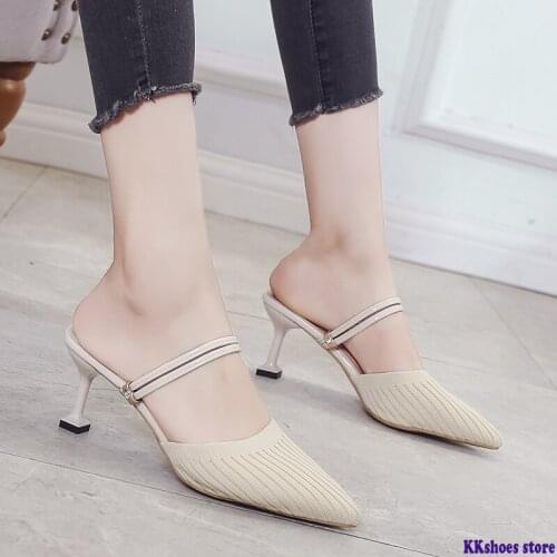 High heels Spring Autumn shoes women Fashion Rhinestone Square heel Mules Slip-On Thin Heels pumps