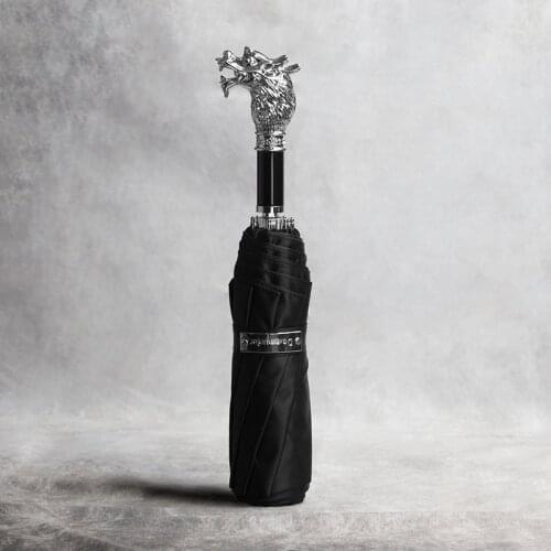 Vintage Rain Mens Umbrella Windproof Luxury Lion Dog Handle Three Folding Black Umbrella Rain Sun Vintage Umbrella Outdoor U5B