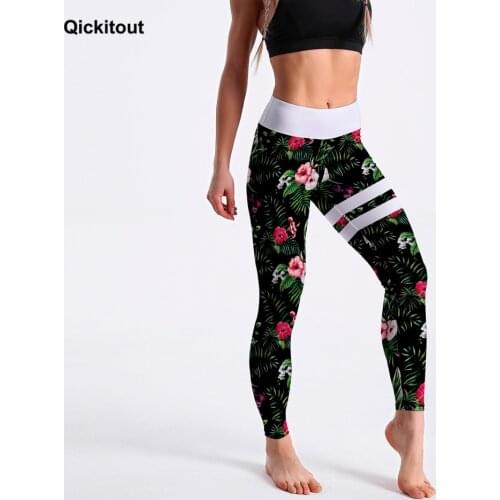 Qickitout High Waist Fashion Leggings For Women Jungle Plants Palms with Flowers Printed Legging White Stripe Slim Fitness