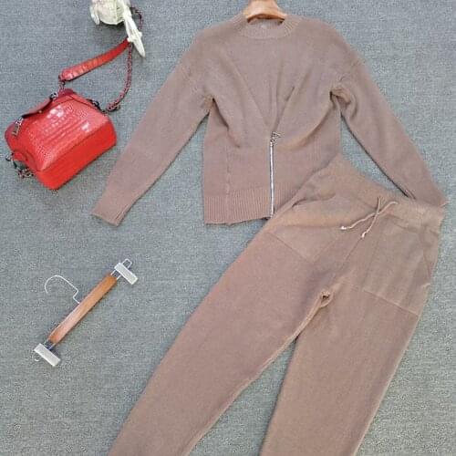 Womens Knitted Tracksuit Loose Casual Sweaters Tops And Pants 2021 Autumn Female Black O-neck Pullovers Sets Femme