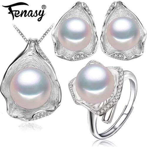 FENASY 925 Sterling Silver Freshwater Pearl Jewerly Sets For Women Boho Shell Design Earrings Luxury Ring Statement Necklace Set