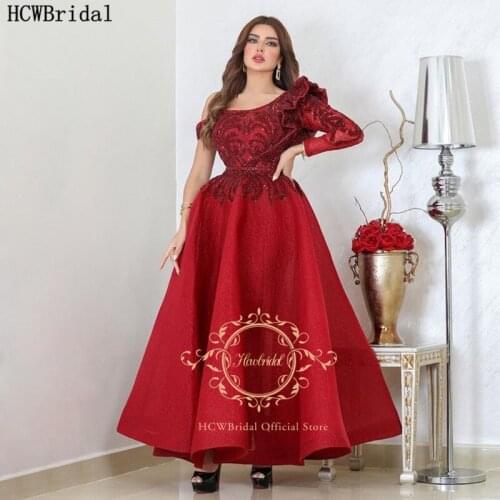One Shoulder Burgundy Arabic Evening Dress Long Sleeve Appliques Organza Plus Size Women Prom Gowns Special Occasion Dresses