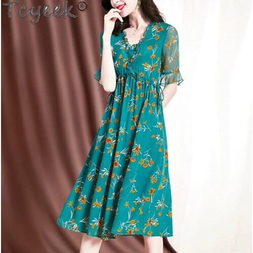Quality High Summer Dress Female 200% Silk Dress for Women Elegant Floral Ladies Dresses Fashion Vestido De Mujer LW