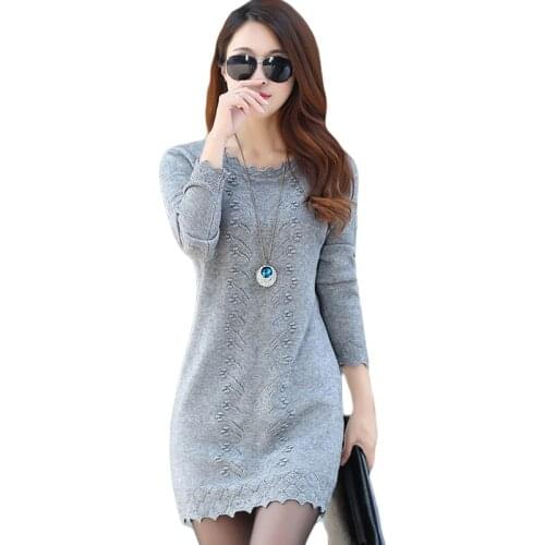 Women Sweaters Dress Pullovers 2019 New Winter Warm Long Knitted Sweater Knitwear Poncho Tunics Gray Black Beige Plus Size M300