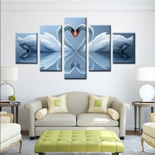 Oil Painting Love Swan Wall Pictures For Living Room Animal 5 Panel Canvas Painting Decorative Art Tableau Decoration Murale