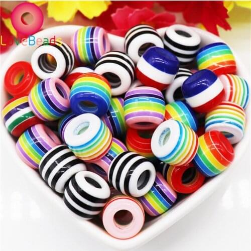 10Pcs New Stripe Colorful Resin Murano Big Hole Rainbow Spacer Beads Fit European Pandora Charms Bracelet Women Chain Jewelry