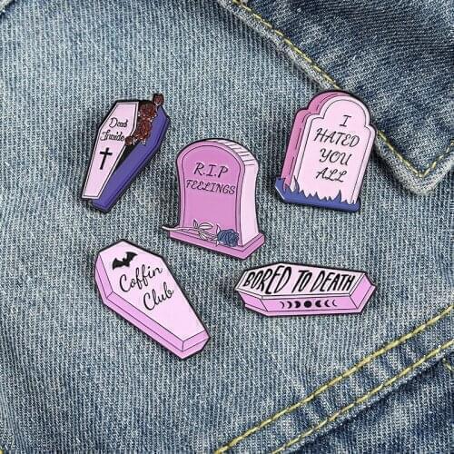Dead Inside Enamel Pins Custom Purple Coffin Tombstone Brooch Lapel Badge Bag Gothic Punk Jewelry Gift for Friends